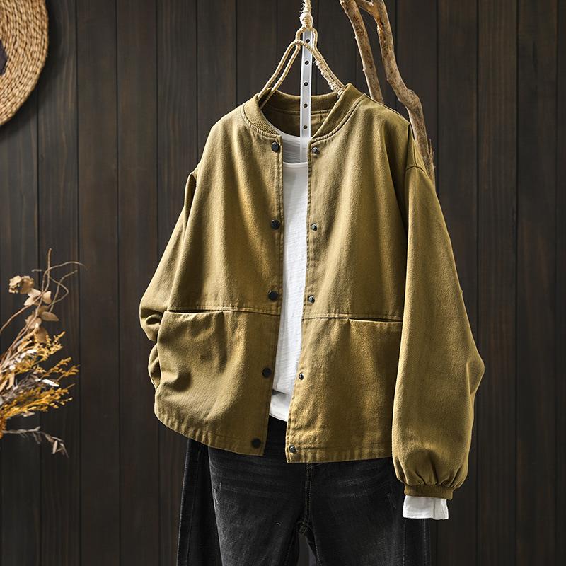 Tooling Baseball Uniform Jacket Women's Short Loose and Thin Spring and Autumn Clothing Large Size Cotton Stand-up Collar Double Pocket Outer Jacket