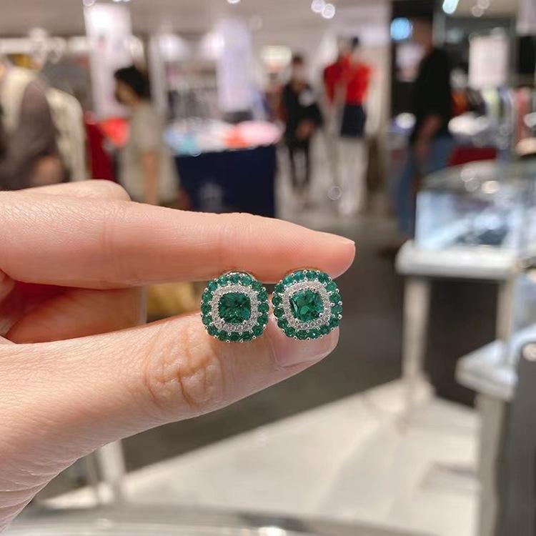 Lulu Tong 2022 Green Zircon Stud Earrings, Women's S925 Silver Set with Gift Box.