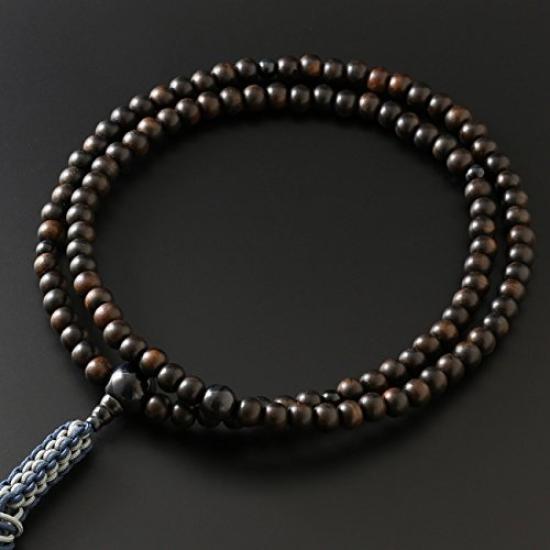 Kyobutsudan Hayashi Rinzai Zen Prayer Beads Men Unpolished Striped Ebony Blue Tiger Eye Accent Authentic Formal Kyoto with Pouch Set Paulownia Japan