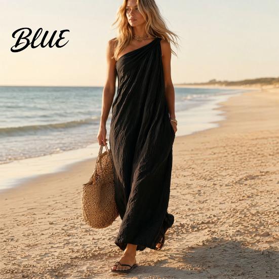 Lightweight Women Dress Women's Summer One Shoulder Beach Sundress Pleated A-line Flowy Long