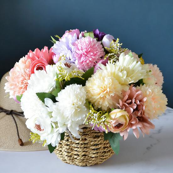 Artificial Chrysanthemum Ball Flower Bouquet Mixed Fake Silk Hydrangea Flower with Chrysanthemum Peonies for Bridal Bouquet Wedding Party Floral