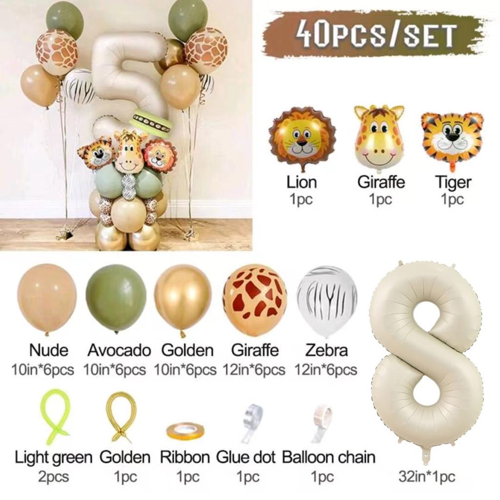 40pcs Jungle Retro Animal Balloon Set Lion Giraffe Balloon 1-9 Birthday Decoration Anniversary Jungle Theme Party Decoration