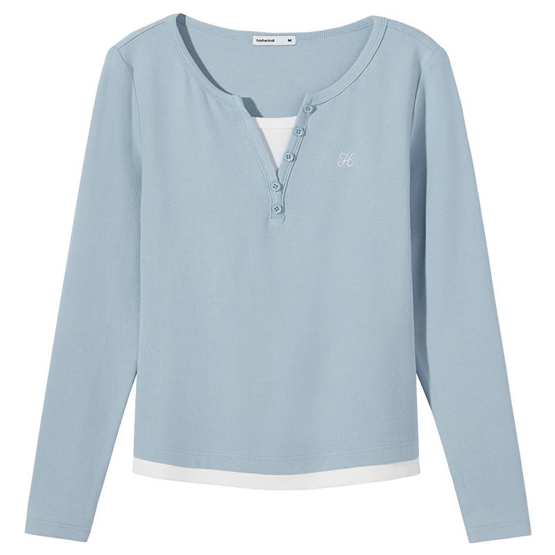 Hotwind Women's Faux Two-Piece Long Sleeve V-Neck T-Shirt