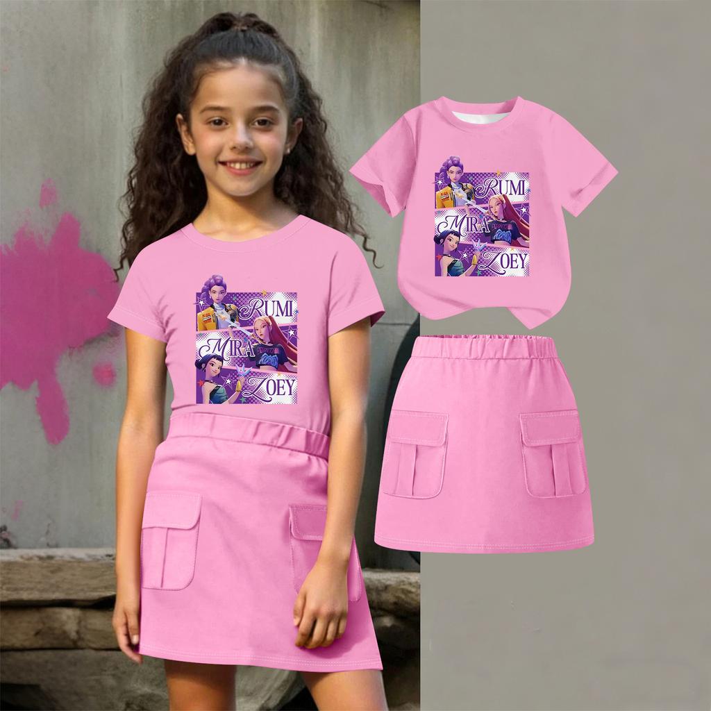 Kinder Sommer Sport T-Shirt und Röcke 2-teiliges Outfit Trainingsanzug Set Kurzarm Print Crop Tops mit Kleiderset
