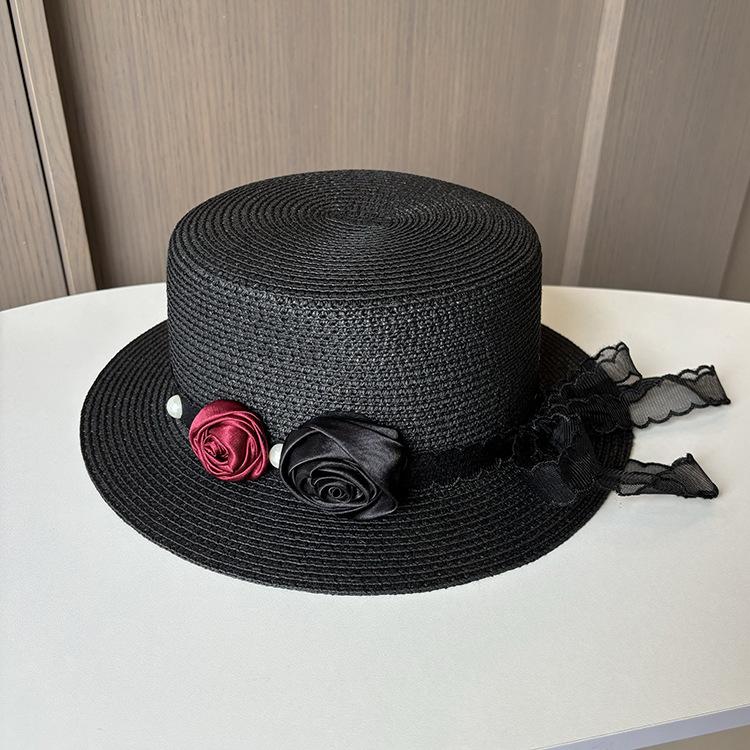 Pastoral streamer flower straw hat women's summer seaside vacation sun hat French flat top top hat sun hat