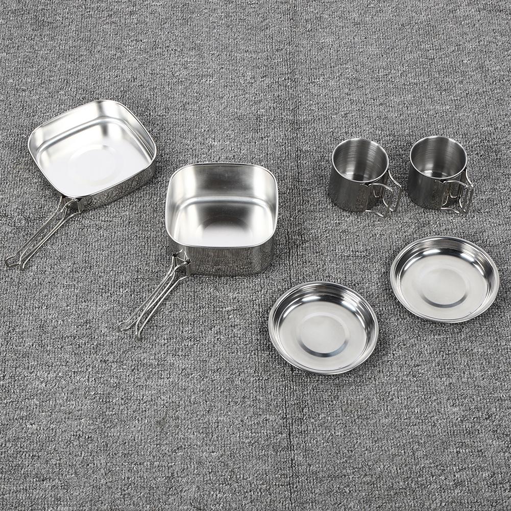6Pcs Set Stainless Steel Outdoor Camping Cookware Utensils Portable Frying Pan Cups Pot Tableware for PicnicSilver
