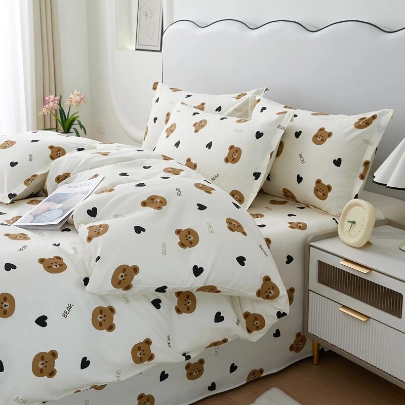 Cute Bear 100% Cotton Duvet Cover Cartoon Theme Bedding Set Kawaii Animal Comforter Cover Heart Print Bed Sets with 2 Pillowcase