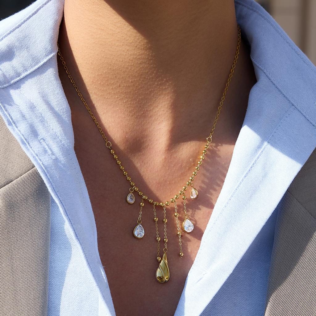 Youthway Classic Short Tassel Water Drop Zircon Pendant Necklace For Women Minimalist 18K Gold Plated Stainless Steel Necklace