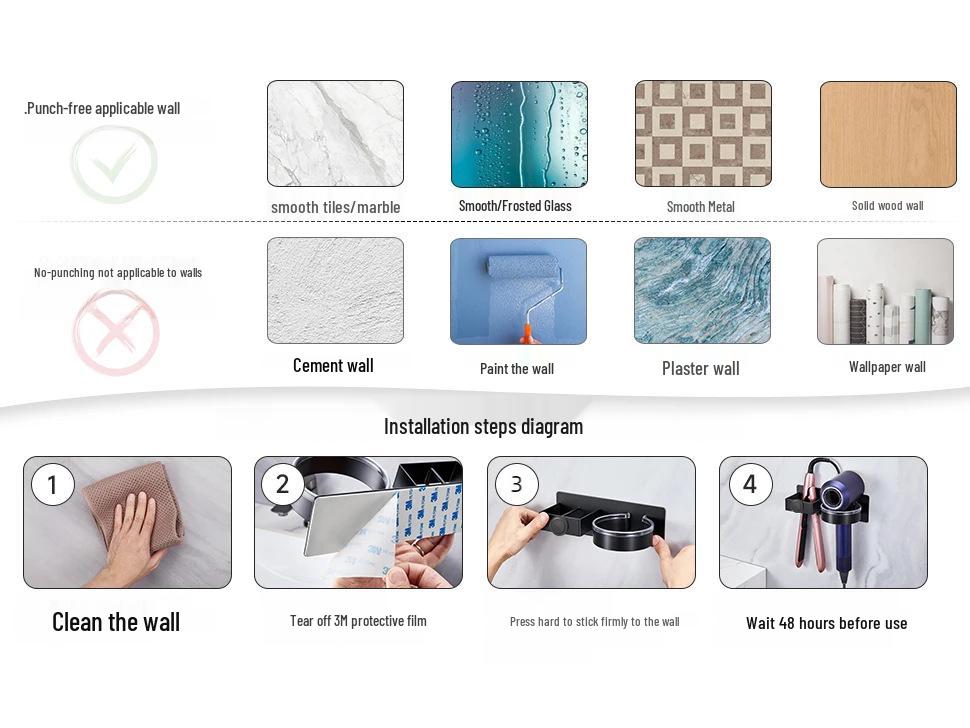 Wandmontiertes, bohrfreies Aufbewahrungsregal für Haartrockner und Stylingwerkzeuge