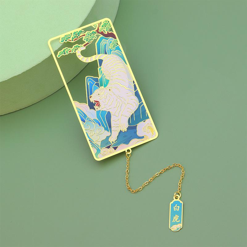 Hollow Brass Metal Bookmark Chinese Style Vintage Tiger Dragon Bookmarks Tassel Pendant Decorative Student Gift School Stationer