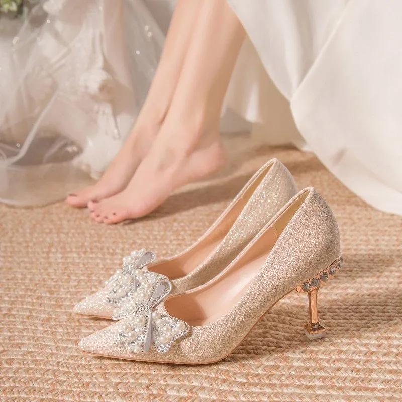 Fashion Wedding Bride Shoe Women's Shoes Pointed Toe Ladies Pumps Stilito with Bow High Heels on Heeled 2025 Trend Chic and Elegant 39