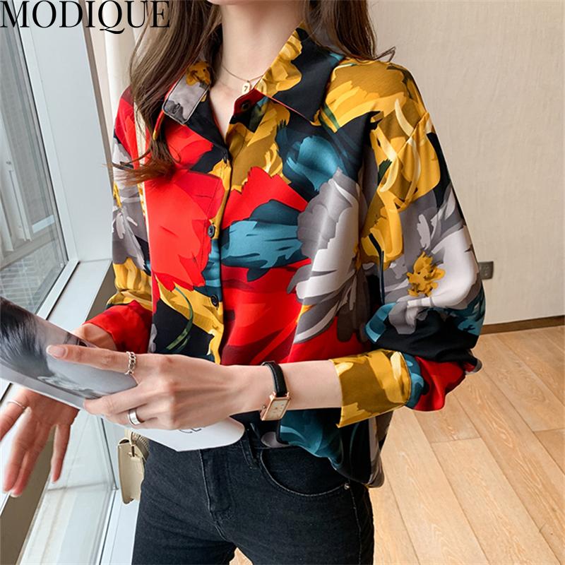 MODIQUE Jaro Léto Nadměrná velikost Dámské Volné Vintage Ležérní Bavlna Len Šifon Květinový potisk Halenky Košile Dámská Móda Výstřih do V Dlouhý rukáv Kabáty