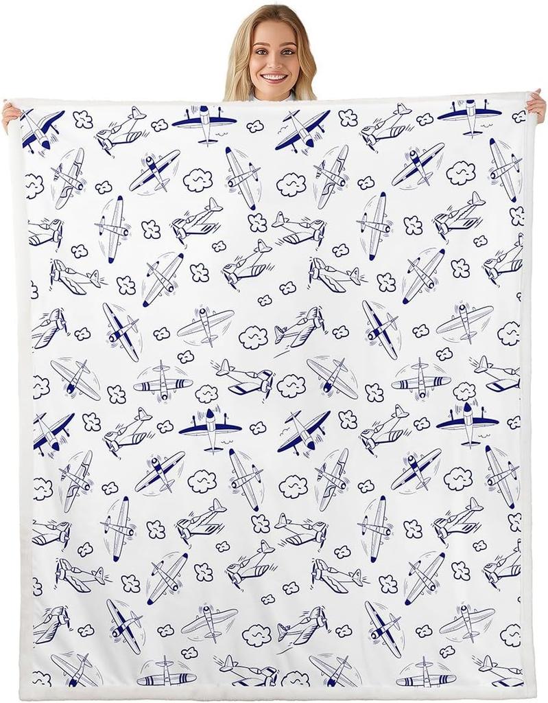 Airplane Pattern Blanket Soft Fleece Throw Kids Room Decor Aviation Theme Baby Gift Home Decoration
