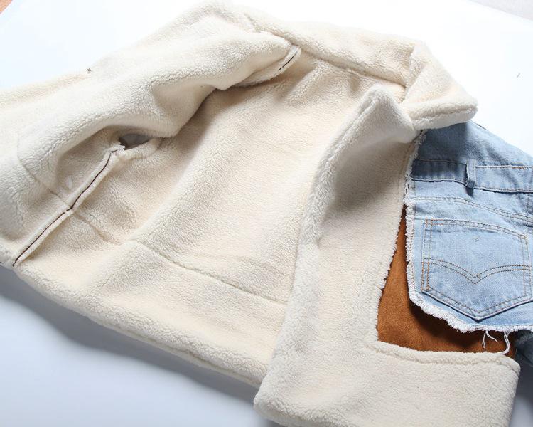 Stylová džínová patchworková bunda s velurovou podšívkou - Dámský zimní motocyklový kabát z jehněčí vlny