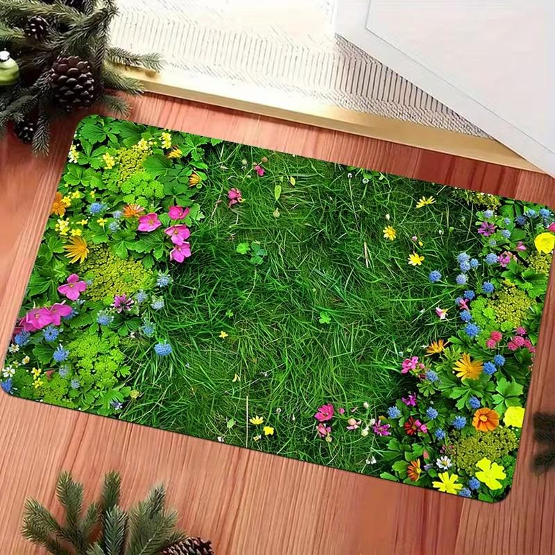 Lush Grass and Bloom Print Entry Mat Washable Soft Door Mat for Kitchen Living Room Bedroom Indoor Spring Decor Floor Mat