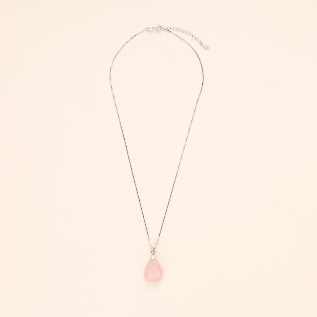 [KOAI] Teardrop Rose Quartz 925 Silver Chain Teardrop Water Droplet Love Fulfillment Lucky Charm Pendant Necklace for Women