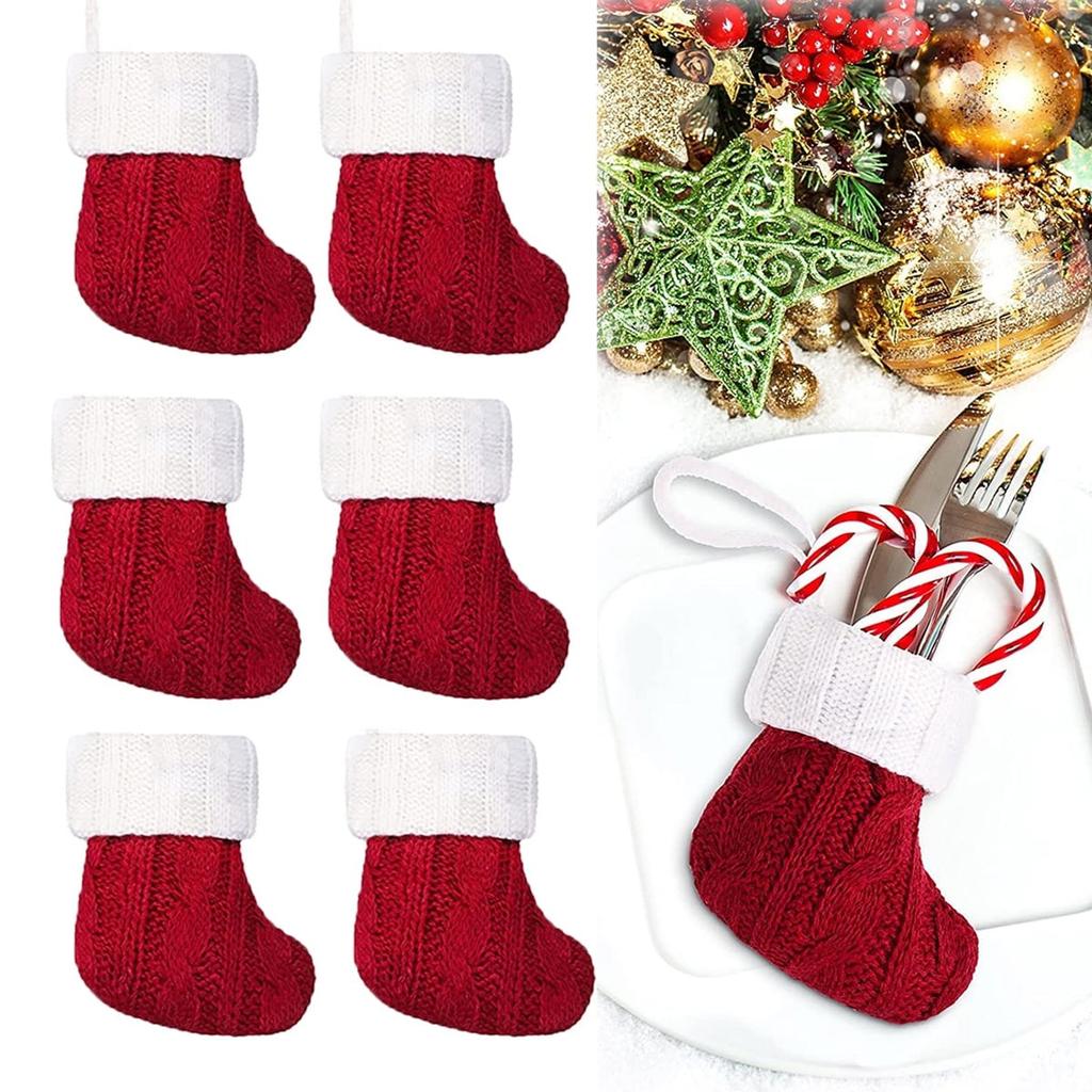 6PCS Christmas Small Stockings Knitted Xmas Classic Stocking Small Christmas Fireplace Stockings Holiday Hanging Decorations Stockings