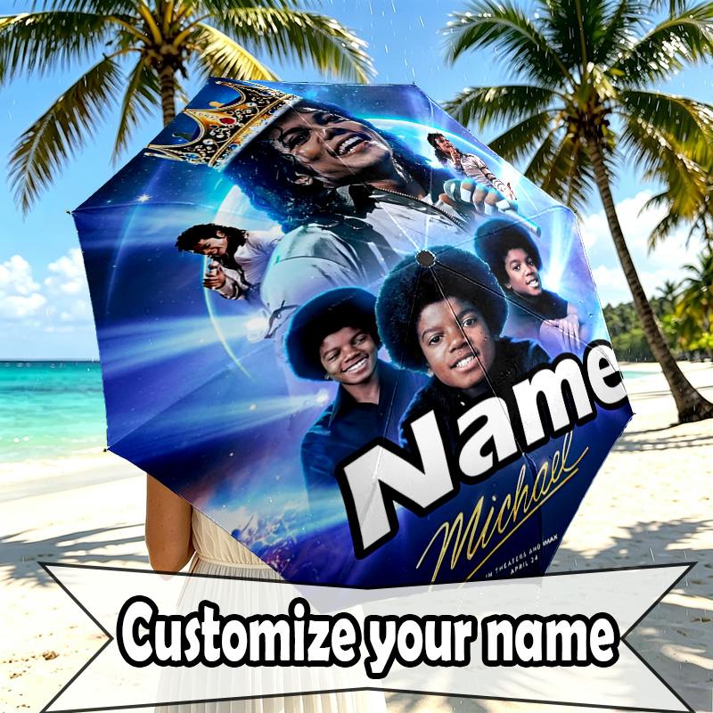 Custom Name Personalized Michael Jackson Print Umbrella, Auto Open Close, 8‑Rib Sturdy Frame, Commute Camping Hiking Use, Birthday Gift