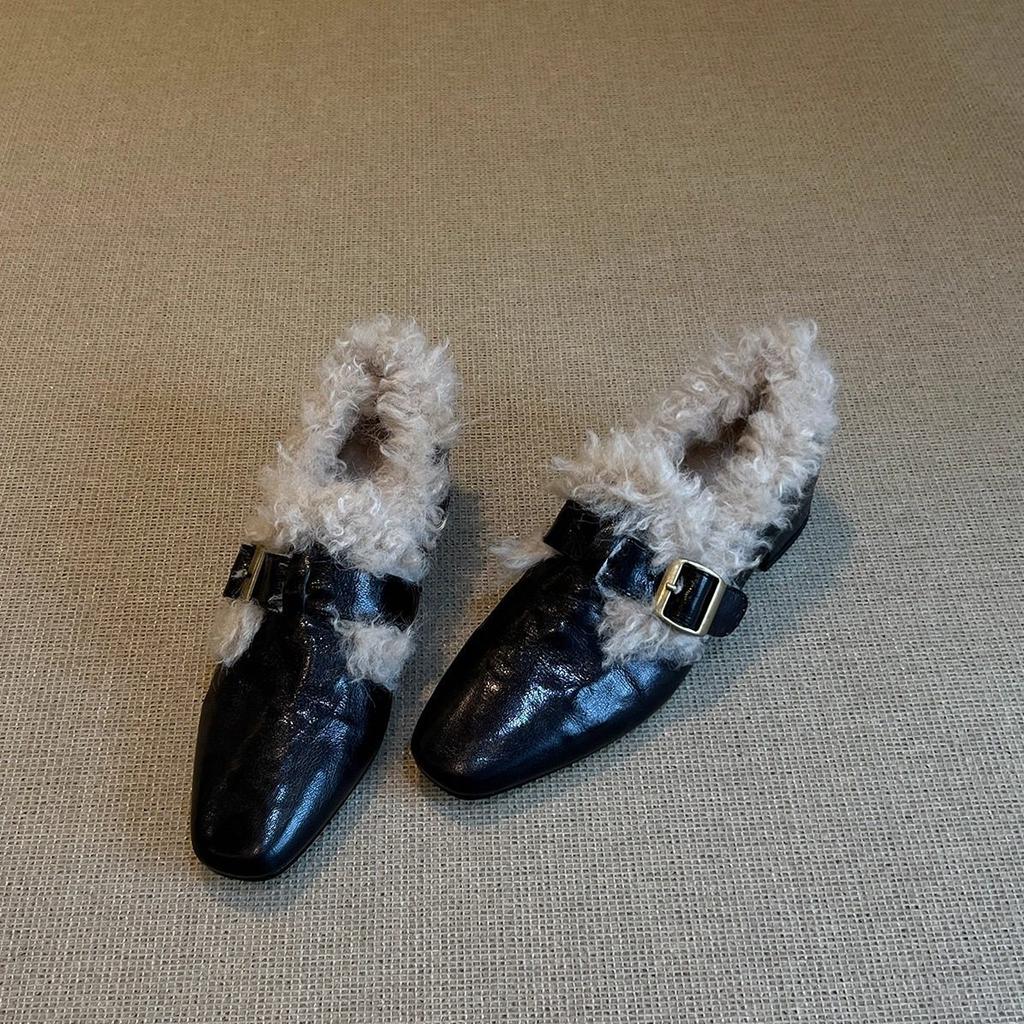 Retro Velvet Warm Belt Buckle Fluffy Shoes Winter Single Shoes Women's Thick Heel