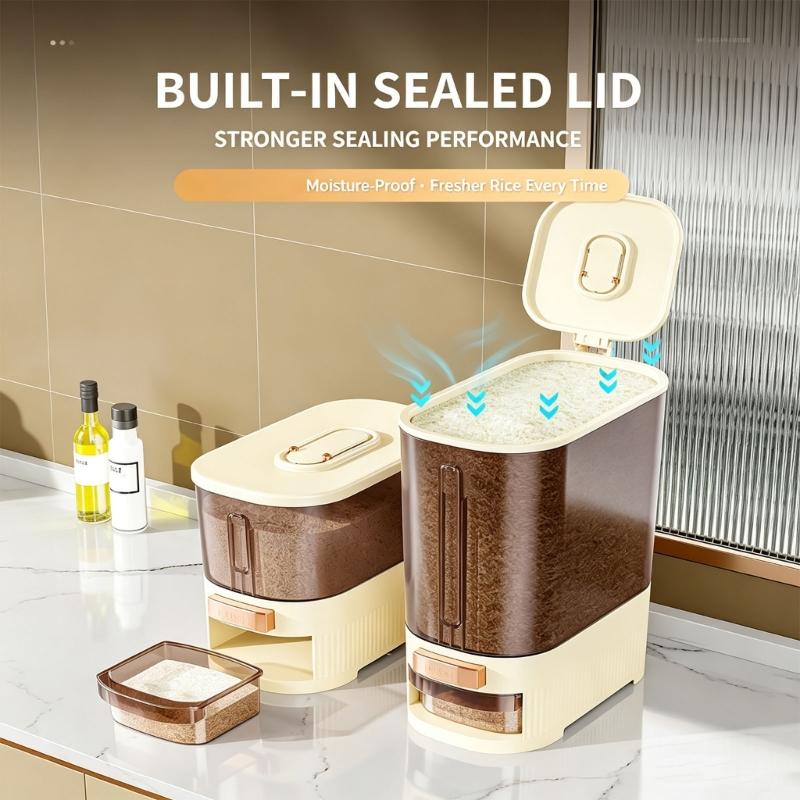 Countertop Rice Storage Bin with Push Button Release, Covered Rice Holder and Supply Window for Kitchen Cabinet Use