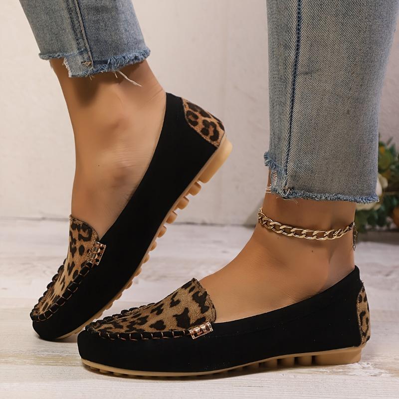 Leopardmönstrade damloafers | Svarta överdragsskor med metallkedjedetalj, överdel i djurmönstrat tyg, komfortskor för alla årstider
