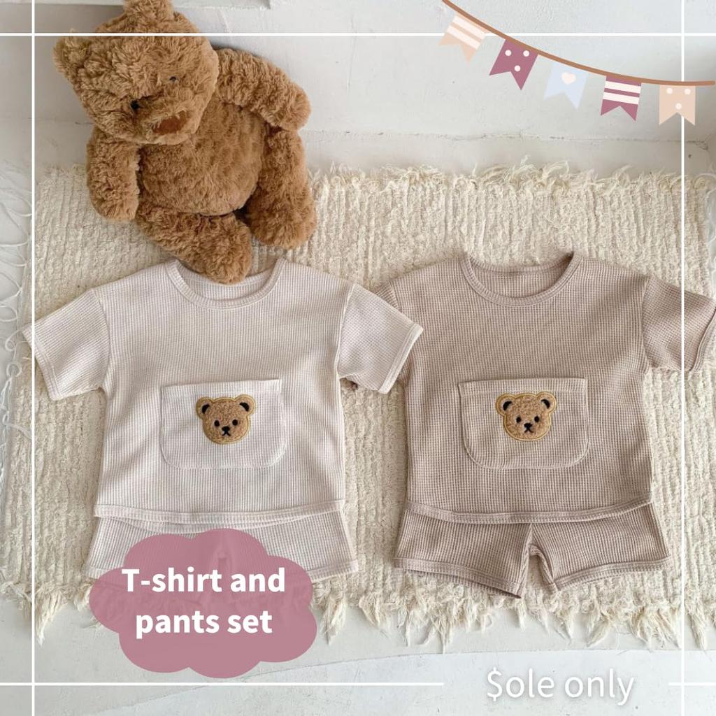 Sole Only Baby and Pants Waffle Boys [$ole only] T-shirt Set, Fabric, Refreshing, Bear, Cute, Spring/Summer, 100% Cotton, Soft, Stretchy, Baby, Girls,