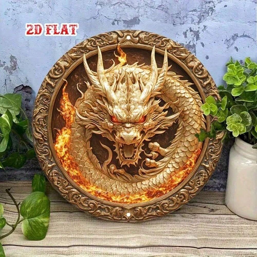 Metal Round Wall Poster Dragon Flame 20x20cm Aluminum 2D Flat for Living Room