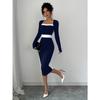 Women Color Block Patchwork Square Collar Long Sleeve High Waist Midi A Line Dress