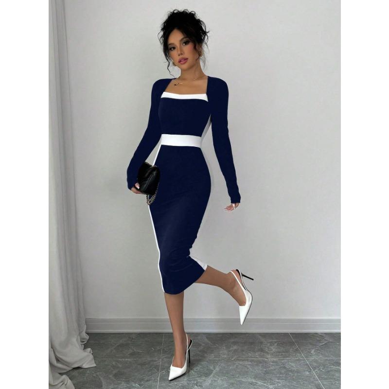 Women Color Block Patchwork Square Collar Long Sleeve High Waist Midi A Line Dress