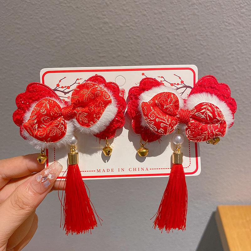 2024 Autumn/Winter Children's Red Hair Clips – Chinese Hanfu Style for New Year