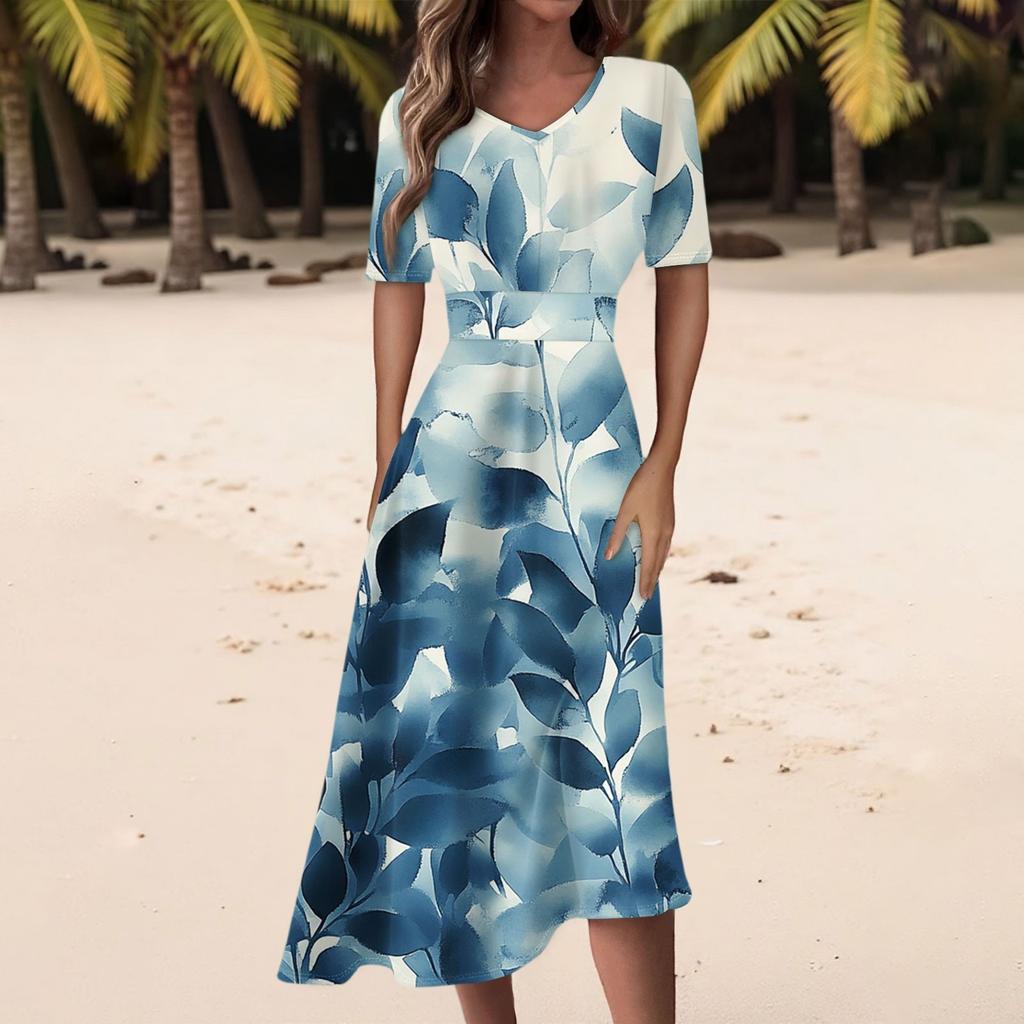 Damen Freizeitmode Kleid mit Blumendruck, V-Ausschnitt, kurzen Ärmeln und taillenlang