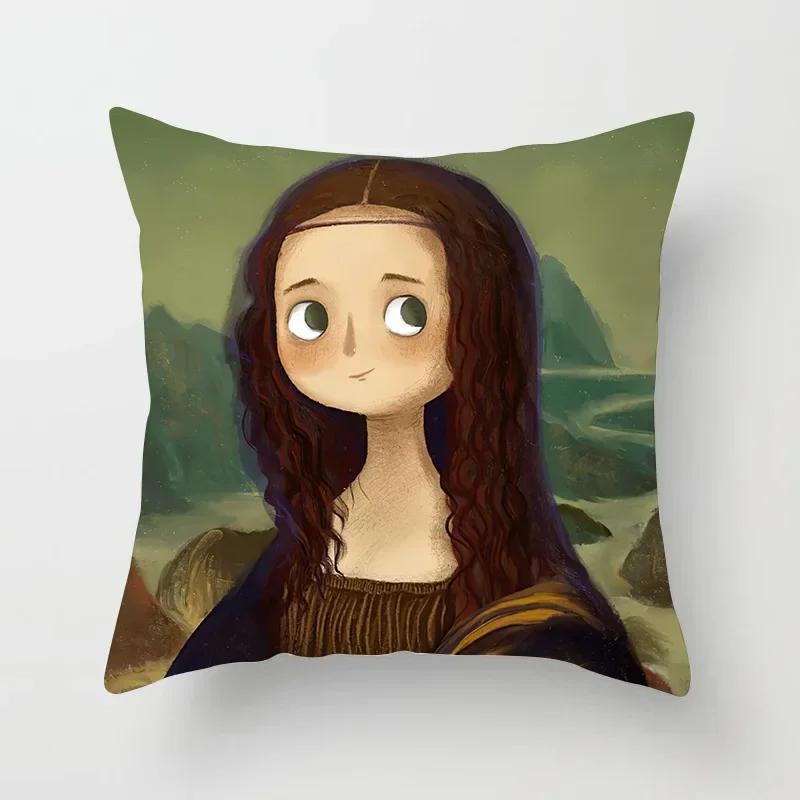 Creative Cartoon Oil Painting Mona Lisa  Gogh Cushion Cover Portrait Painting Throw Pillow Case Cojines Decorativos Para Sofa