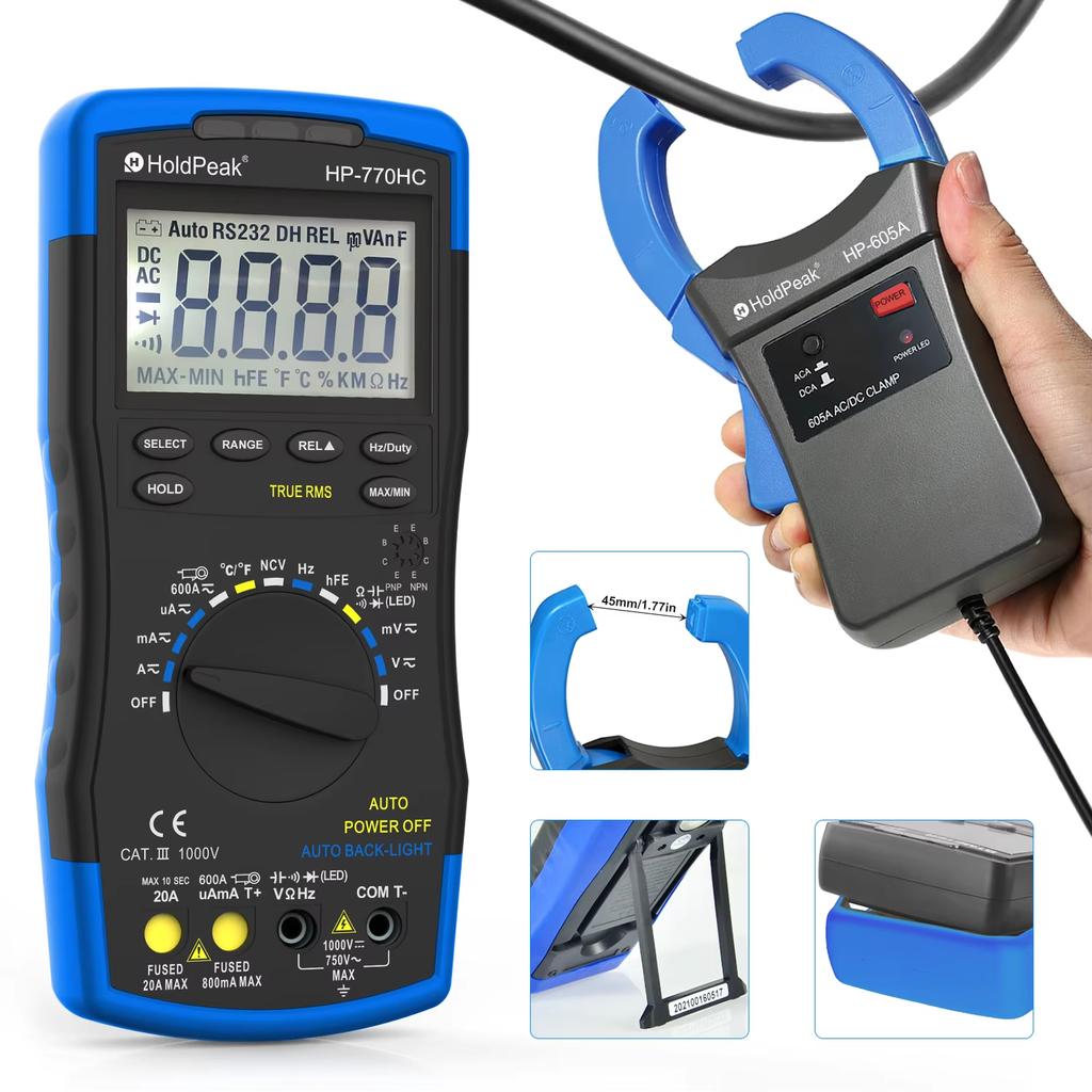HoldPeak HP-770HC Digital Multimeter Tester True RMS Smart Autoranging Probe With NCV+HP-605A Clamp Adapter 600A AC/DC Current