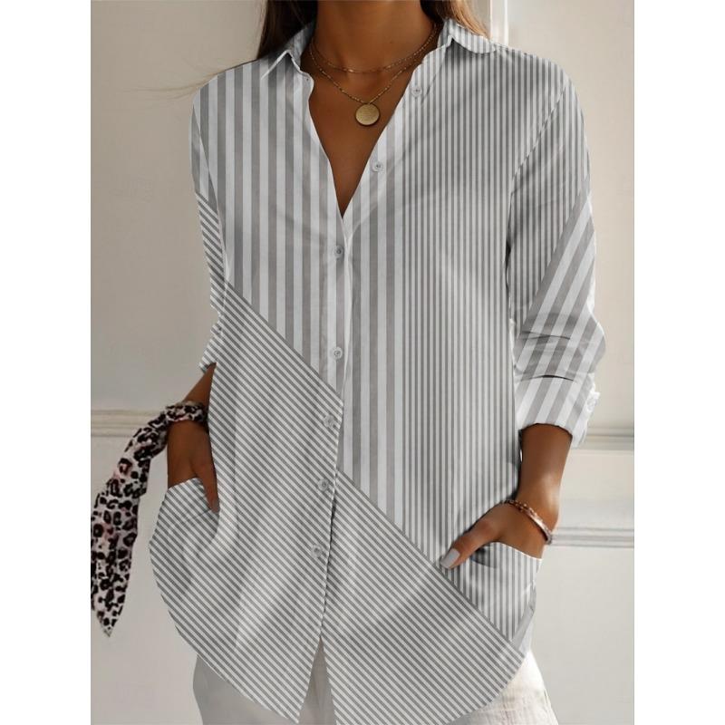 Women's Shirts Striped Graphics Blouse Lapel Neck Blouse Women's Long Sleeve Shirts Womens Clothes Female Clothing