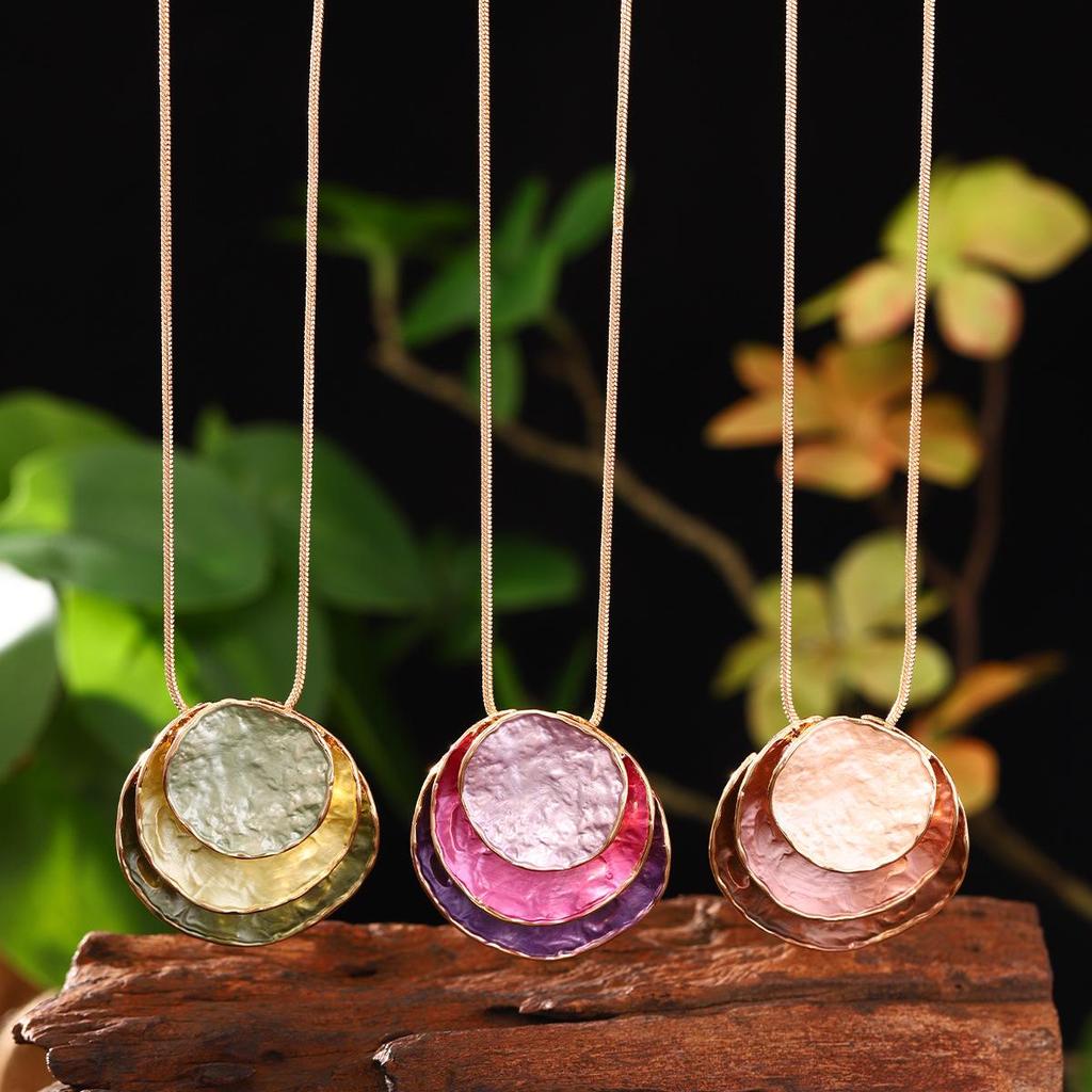 Bohemian Geometric Round Necklace: Multicolor Layered Enamel Zinc Alloy Sweater Chain