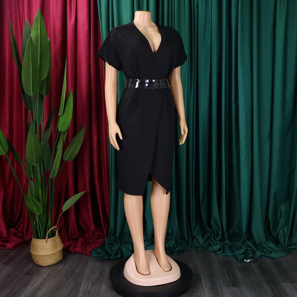 YYFS Dámská móda Léto Jaro Jednobarevný potisk Neformální šaty s krátkým rukávem a výstřihem do V s vysokým pasem