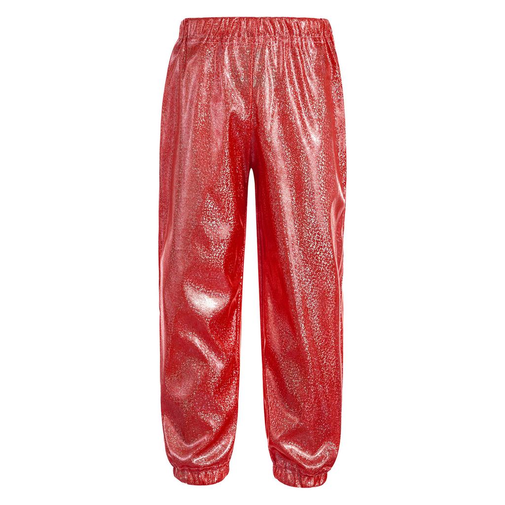 Unisex Kids Shiny Metallic Pants Elastic Waistband Trousers Unisex Dancewear Stage Outfit
