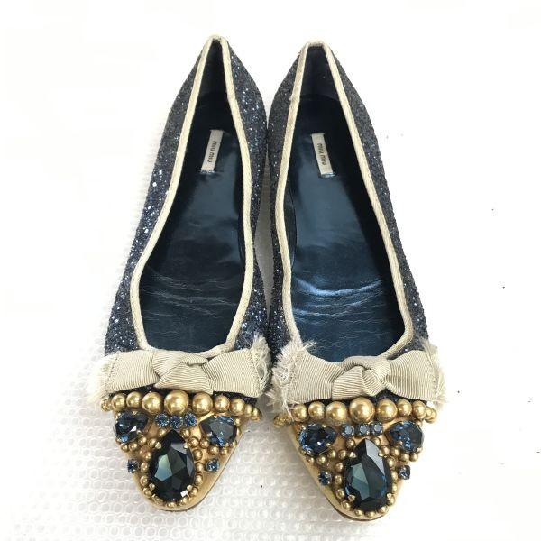 MIUMIU Włochy Brokatowe Baleriny 24.0-25.0 Niebieskie Buty Ćwiekowane(UŻYWANY)