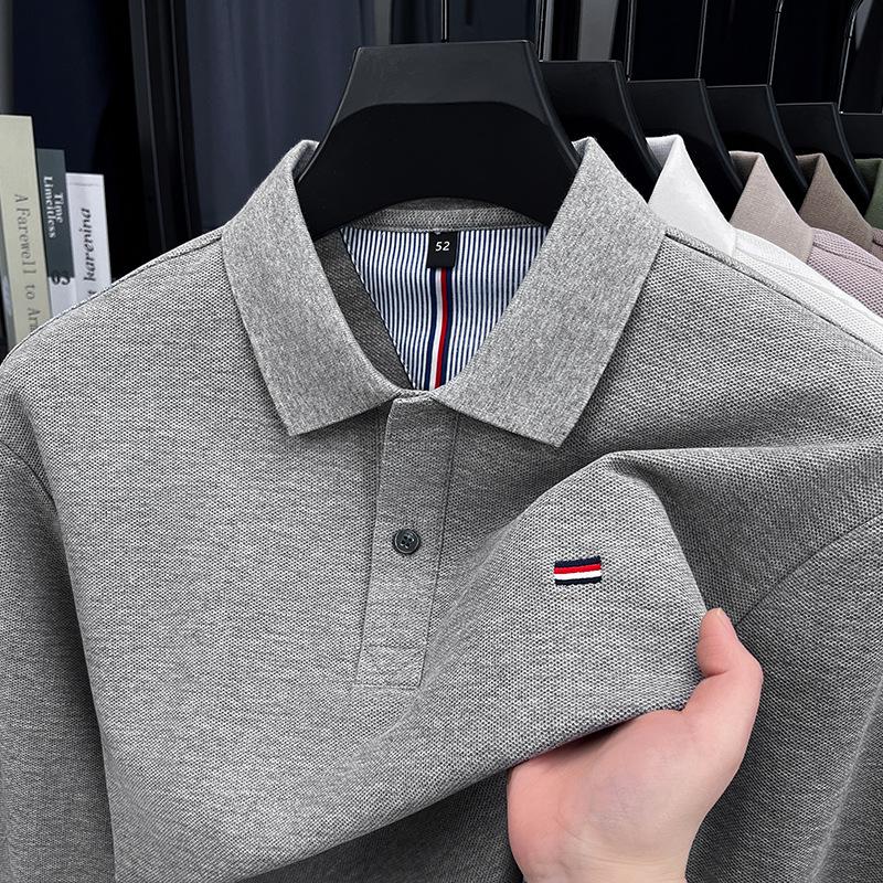 Men's Pure Cotton Embroidered Long-Sleeve Polo Shirt - Business Casual, Solid Color, Versatile for Spring and Autumn