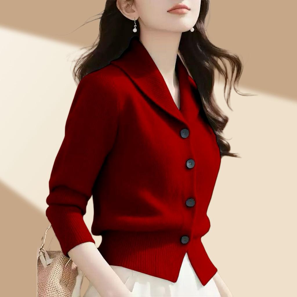 Women's Sweater, Fashionable, Exquisite, and Elegant Solid Color Lapel Long Sleeve Cardigan, Women's Autumn/Winter Long Sleeve Top
