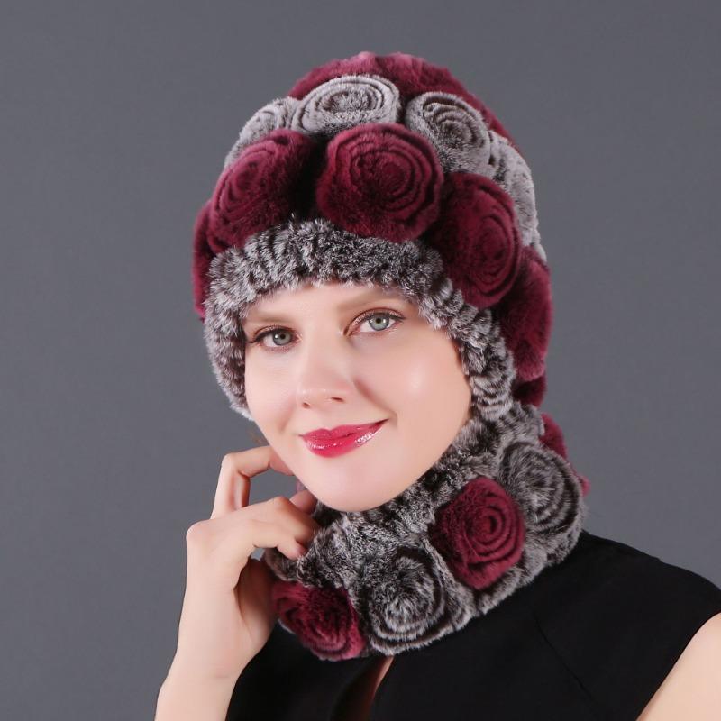 Rex Rabbit Rose Hat and Flower Scarf Set Specializing in the production of Rex Rabbit Scarf Hat Two-piece Adult Hat