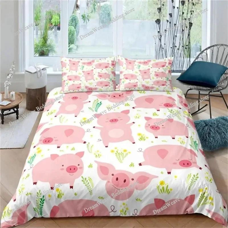 Cartoon Lovely Pig Duvet Cover Set Kawaii Animal Bedding Set King Microfiber Farmhouse Wildlife Theme Comforter Cover Pillowcase