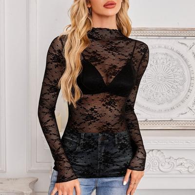 Women Sheer Mesh Lace Tops Sexy Floral Embroidered Long Sleeve Shirt Bottoming Tops Versatile
