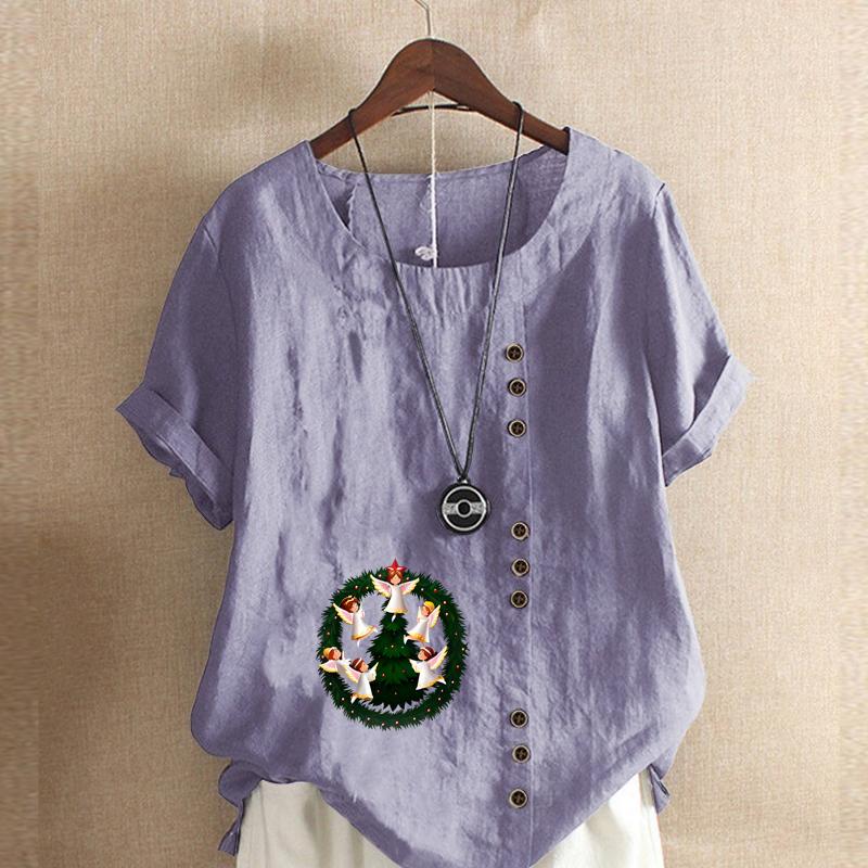 Women's Fashion Round Neck Short Sleeve T-shirt Casual Cotton Linen Graphic Shirt Leisure Loose Christmas Elves Prined Summer Blouse Tops