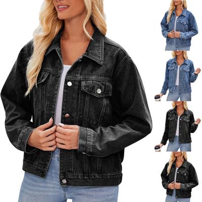 Kadın Moda Gevşek Yıkanmış Denim Kısa Ceket Ceket Ceket Üst Uzun Kollu Kadın