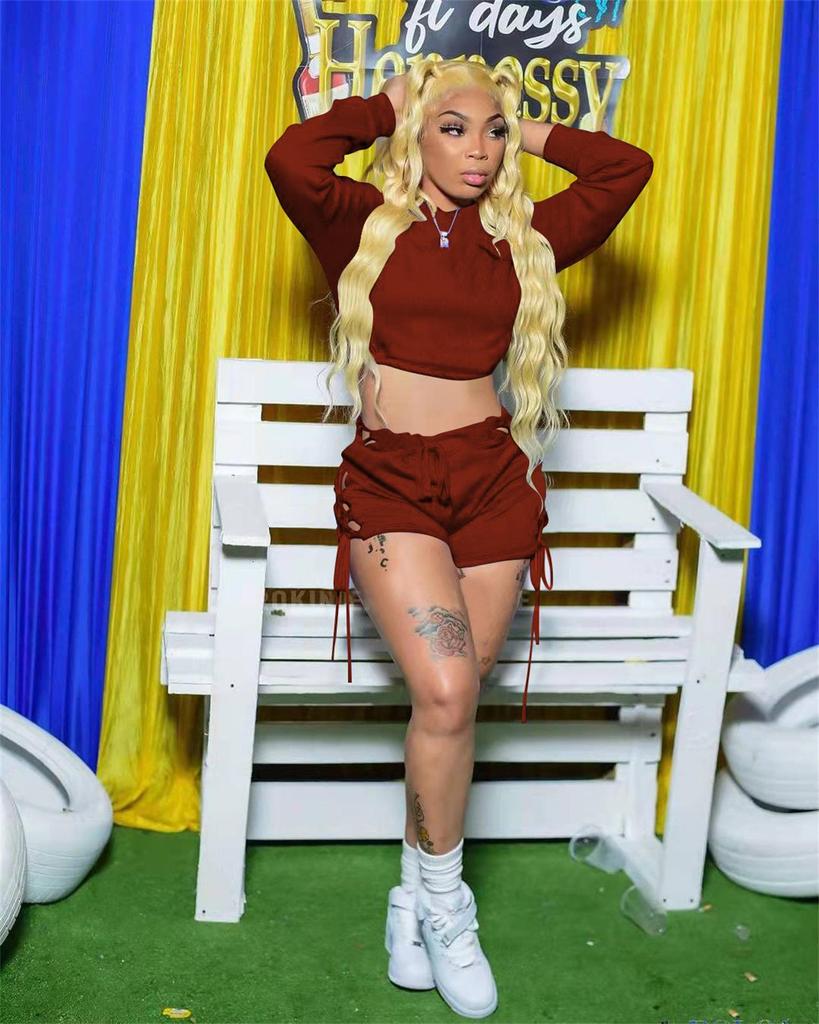 FE210 European and American Style Casual Solid Color Tie-Dye Drawstring Shorts Two-Piece Set - No Returns/Exchanges