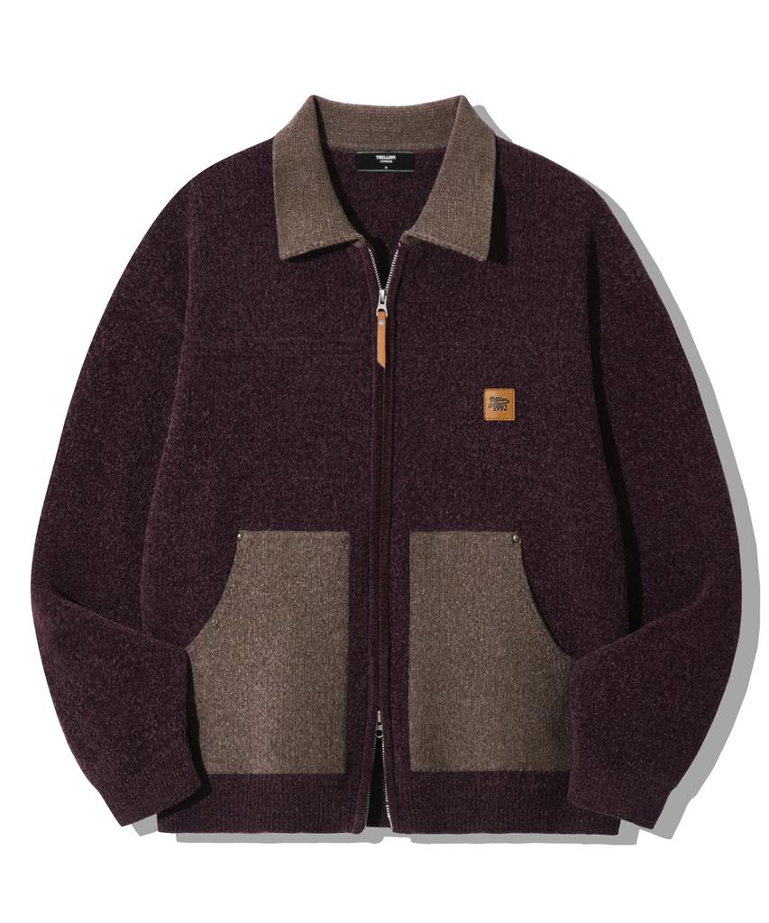 TRILLION Color Work Collar Zip-Up Knit Jacket [Purple Brown]