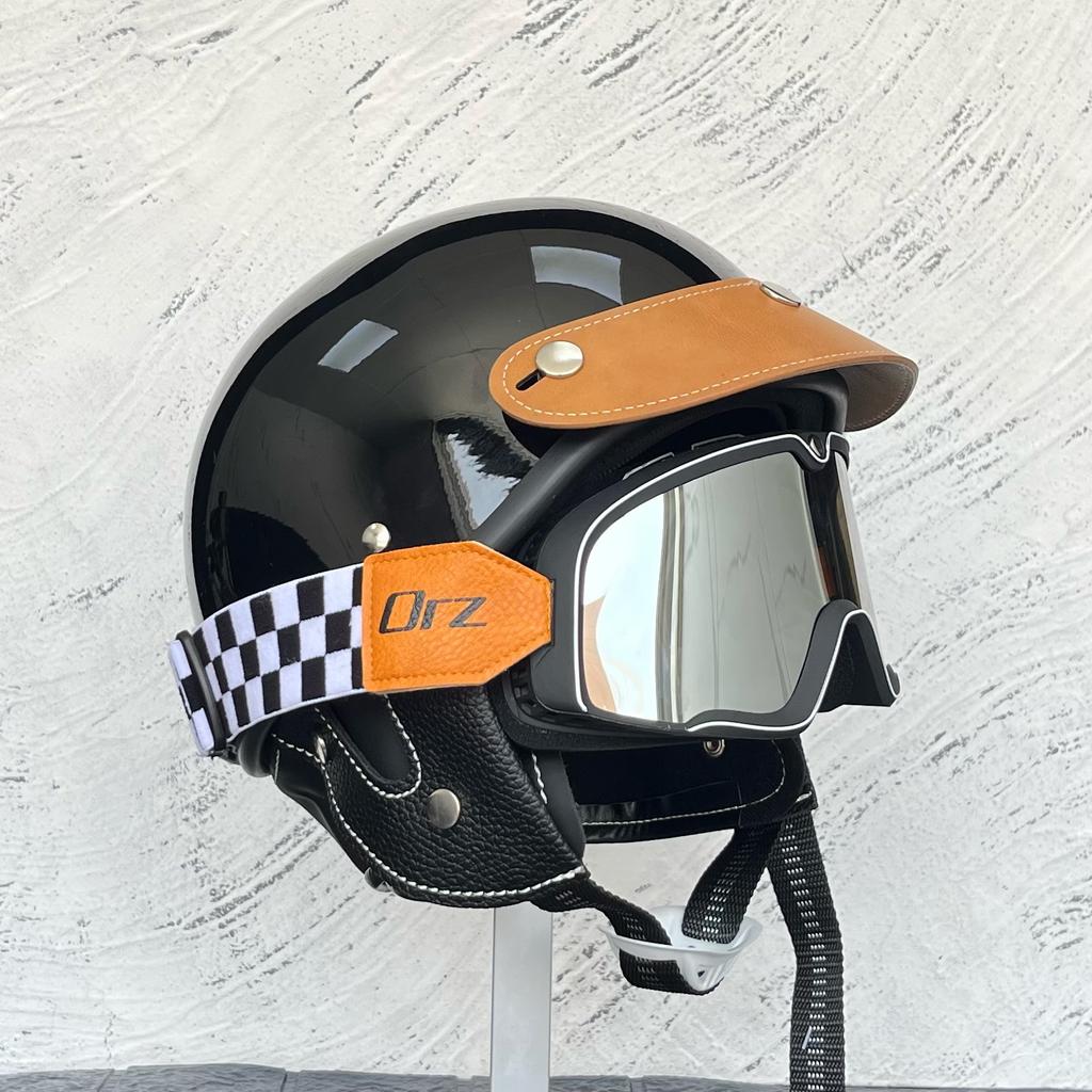 ORZ-Vintage 3/4 Scooter Helmet with Goggles Kit Windproof Anti UV Open Face Motorbike Helmet Unisex Street Riding Protection