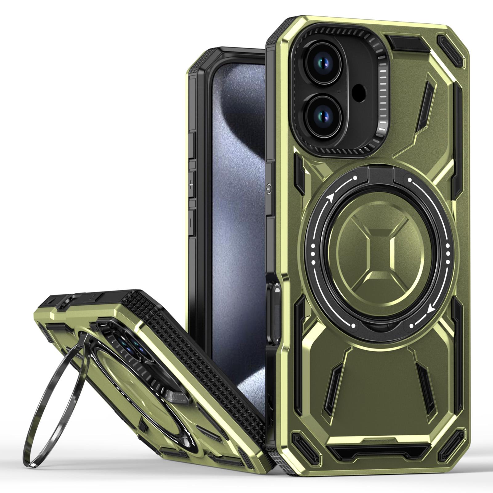 

For iPhone 16 Magnetic Case TPU+PC Kickstand Phone Cover Army Green