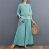 Stylish Summer Two-Piece Suit: Embroidered Cotton-Linen Top with Wide-Leg Pants for Middle-Aged Women